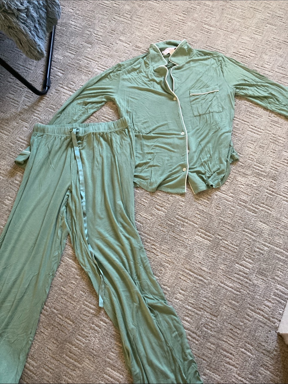 Birdy Grey Sage Green Two-Piece Pajama Set with Contrast Piping